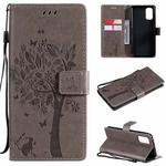 For OPPO Realme 7 Pro Tree & Cat Pattern Pressed Printing Horizontal Flip PU Leather Case with Holder & Card Slots & Wallet & Lanyard(Grey)