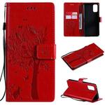 For OPPO Realme 7 Pro Tree & Cat Pattern Pressed Printing Horizontal Flip PU Leather Case with Holder & Card Slots & Wallet & Lanyard(Red)