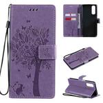 For OPPO Realme 7 Tree & Cat Pattern Pressed Printing Horizontal Flip PU Leather Case with Holder & Card Slots & Wallet & Lanyard(Light Purple)
