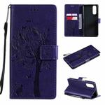 For OPPO Realme 7 Tree & Cat Pattern Pressed Printing Horizontal Flip PU Leather Case with Holder & Card Slots & Wallet & Lanyard(Purple)