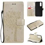 For OPPO Realme 7 Tree & Cat Pattern Pressed Printing Horizontal Flip PU Leather Case with Holder & Card Slots & Wallet & Lanyard(Gold)
