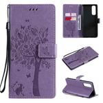 For OPPO Reno4 Pro 4G Tree & Cat Pattern Pressed Printing Horizontal Flip PU Leather Case with Holder & Card Slots & Wallet & Lanyard(Light Purple)