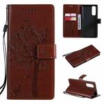 For OPPO Reno4 Pro 4G Tree & Cat Pattern Pressed Printing Horizontal Flip PU Leather Case with Holder & Card Slots & Wallet & Lanyard(Coffee)