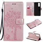 For OPPO Reno4 Pro 4G Tree & Cat Pattern Pressed Printing Horizontal Flip PU Leather Case with Holder & Card Slots & Wallet & Lanyard(Rose Gold)