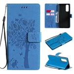 For OPPO Reno4 Pro 4G Tree & Cat Pattern Pressed Printing Horizontal Flip PU Leather Case with Holder & Card Slots & Wallet & Lanyard(Blue)