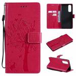 For OPPO Reno4 Pro 4G Tree & Cat Pattern Pressed Printing Horizontal Flip PU Leather Case with Holder & Card Slots & Wallet & Lanyard(Rose Red)