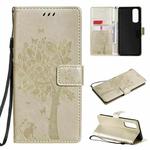 For OPPO Reno4 Pro 4G Tree & Cat Pattern Pressed Printing Horizontal Flip PU Leather Case with Holder & Card Slots & Wallet & Lanyard(Gold)