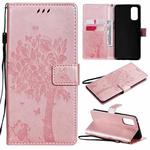 For OPPO Reno4 Tree & Cat Pattern Pressed Printing Horizontal Flip PU Leather Case with Holder & Card Slots & Wallet & Lanyard(Rose Gold)