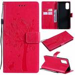For OPPO Reno4 Tree & Cat Pattern Pressed Printing Horizontal Flip PU Leather Case with Holder & Card Slots & Wallet & Lanyard(Rose Red)