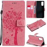 For OPPO Reno4 Tree & Cat Pattern Pressed Printing Horizontal Flip PU Leather Case with Holder & Card Slots & Wallet & Lanyard(Pink)