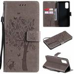 For OPPO Reno4 Tree & Cat Pattern Pressed Printing Horizontal Flip PU Leather Case with Holder & Card Slots & Wallet & Lanyard(Grey)