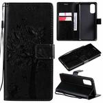 For OPPO Reno4 Tree & Cat Pattern Pressed Printing Horizontal Flip PU Leather Case with Holder & Card Slots & Wallet & Lanyard(Black)