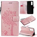 For Huawei P Smart 2021 Tree & Cat Pattern Pressed Printing Horizontal Flip PU Leather Case with Holder & Card Slots & Wallet & Lanyard(Rose Gold)