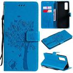 For Huawei P Smart 2021 Tree & Cat Pattern Pressed Printing Horizontal Flip PU Leather Case with Holder & Card Slots & Wallet & Lanyard(Blue)