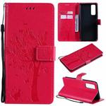 For Huawei P Smart 2021 Tree & Cat Pattern Pressed Printing Horizontal Flip PU Leather Case with Holder & Card Slots & Wallet & Lanyard(Rose Red)