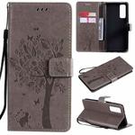 For Huawei P Smart 2021 Tree & Cat Pattern Pressed Printing Horizontal Flip PU Leather Case with Holder & Card Slots & Wallet & Lanyard(Grey)