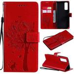 For Huawei P Smart 2021 Tree & Cat Pattern Pressed Printing Horizontal Flip PU Leather Case with Holder & Card Slots & Wallet & Lanyard(Red)