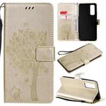 For Huawei P Smart 2021 Tree & Cat Pattern Pressed Printing Horizontal Flip PU Leather Case with Holder & Card Slots & Wallet & Lanyard(Gold)