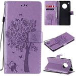 For Huawei Y9a Tree & Cat Pattern Pressed Printing Horizontal Flip PU Leather Case with Holder & Card Slots & Wallet & Lanyard(Light Purple)