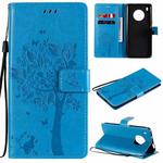 For Huawei Y9a Tree & Cat Pattern Pressed Printing Horizontal Flip PU Leather Case with Holder & Card Slots & Wallet & Lanyard(Blue)