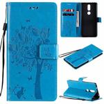 For Nokia 2.4 Tree & Cat Pattern Pressed Printing Horizontal Flip PU Leather Case with Holder & Card Slots & Wallet & Lanyard(Blue)