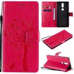 For Nokia 2.4 Tree & Cat Pattern Pressed Printing Horizontal Flip PU Leather Case with Holder & Card Slots & Wallet & Lanyard(Rose Red)