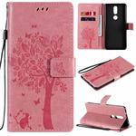 For Nokia 2.4 Tree & Cat Pattern Pressed Printing Horizontal Flip PU Leather Case with Holder & Card Slots & Wallet & Lanyard(Pink)