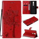 For Nokia 2.4 Tree & Cat Pattern Pressed Printing Horizontal Flip PU Leather Case with Holder & Card Slots & Wallet & Lanyard(Red)