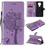 For Nokia 3.4 Tree & Cat Pattern Pressed Printing Horizontal Flip PU Leather Case with Holder & Card Slots & Wallet & Lanyard(Light Purple)