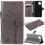 For Samsung Galaxy A42 5G Tree & Cat Pattern Pressed Printing Horizontal Flip PU Leather Case with Holder & Card Slots & Wallet & Lanyard(Grey)