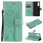 For Sony Xperia5 II Tree & Cat Pattern Pressed Printing Horizontal Flip PU Leather Case with Holder & Card Slots & Wallet & Lanyard(Green)