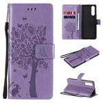For Sony Xperia5 II Tree & Cat Pattern Pressed Printing Horizontal Flip PU Leather Case with Holder & Card Slots & Wallet & Lanyard(Light Purple)