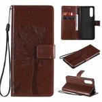 For Sony Xperia5 II Tree & Cat Pattern Pressed Printing Horizontal Flip PU Leather Case with Holder & Card Slots & Wallet & Lanyard(Coffee)