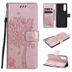 For Sony Xperia5 II Tree & Cat Pattern Pressed Printing Horizontal Flip PU Leather Case with Holder & Card Slots & Wallet & Lanyard(Rose Gold)