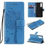 For Sony Xperia5 II Tree & Cat Pattern Pressed Printing Horizontal Flip PU Leather Case with Holder & Card Slots & Wallet & Lanyard(Blue)