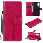 For Sony Xperia5 II Tree & Cat Pattern Pressed Printing Horizontal Flip PU Leather Case with Holder & Card Slots & Wallet & Lanyard(Rose Red)