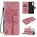 For Sony Xperia5 II Tree & Cat Pattern Pressed Printing Horizontal Flip PU Leather Case with Holder & Card Slots & Wallet & Lanyard(Pink)