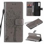 For Sony Xperia5 II Tree & Cat Pattern Pressed Printing Horizontal Flip PU Leather Case with Holder & Card Slots & Wallet & Lanyard(Grey)