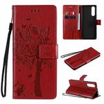 For Sony Xperia5 II Tree & Cat Pattern Pressed Printing Horizontal Flip PU Leather Case with Holder & Card Slots & Wallet & Lanyard(Red)