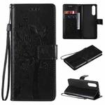 For Sony Xperia5 II Tree & Cat Pattern Pressed Printing Horizontal Flip PU Leather Case with Holder & Card Slots & Wallet & Lanyard(Black)