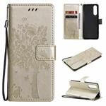 For Sony Xperia5 II Tree & Cat Pattern Pressed Printing Horizontal Flip PU Leather Case with Holder & Card Slots & Wallet & Lanyard(Gold)