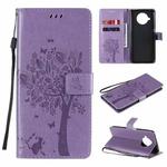 For Xiaomi Mi 10T Lite 5G Tree & Cat Pattern Pressed Printing Horizontal Flip PU Leather Case with Holder & Card Slots & Wallet & Lanyard(Light Purple)