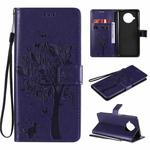 For Xiaomi Mi 10T Lite 5G Tree & Cat Pattern Pressed Printing Horizontal Flip PU Leather Case with Holder & Card Slots & Wallet & Lanyard(Purple)
