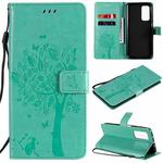 For Xiaomi Mi 10T / 10T Pro Tree & Cat Pattern Pressed Printing Horizontal Flip PU Leather Case with Holder & Card Slots & Wallet & Lanyard(Green)