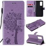 For Xiaomi Mi 10T / 10T Pro Tree & Cat Pattern Pressed Printing Horizontal Flip PU Leather Case with Holder & Card Slots & Wallet & Lanyard(Light Purple)