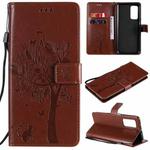 For Xiaomi Mi 10T / 10T Pro Tree & Cat Pattern Pressed Printing Horizontal Flip PU Leather Case with Holder & Card Slots & Wallet & Lanyard(Coffee)