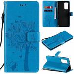 For Xiaomi Mi 10T / 10T Pro Tree & Cat Pattern Pressed Printing Horizontal Flip PU Leather Case with Holder & Card Slots & Wallet & Lanyard(Blue)