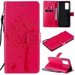 For Xiaomi Mi 10T / 10T Pro Tree & Cat Pattern Pressed Printing Horizontal Flip PU Leather Case with Holder & Card Slots & Wallet & Lanyard(Rose Red)