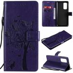 For Xiaomi Mi 10T / 10T Pro Tree & Cat Pattern Pressed Printing Horizontal Flip PU Leather Case with Holder & Card Slots & Wallet & Lanyard(Purple)