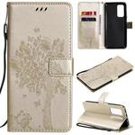 For Xiaomi Mi 10T / 10T Pro Tree & Cat Pattern Pressed Printing Horizontal Flip PU Leather Case with Holder & Card Slots & Wallet & Lanyard(Gold)